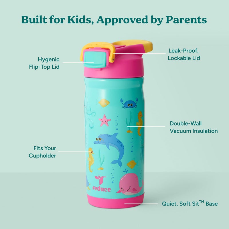 Reduce Hydrate Pro Kids 14oz Stainless Steel Insulated Water Bottle w/Straw â€“ Spill Proof Tumbler for Kids â€“ 30 Hour Cold Retention â€“ Dishwasher Safe Leak-Proof Design - Ocean Friends - Image 3