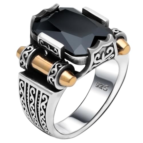 Babylon Silver Genuine Solid 925 Sterling Silver Ring for Men, Accented with Bronze, Faceted Simulated Black Diamond Stone, Vintage Turkish Ottoman Style (Simulated Black Diamond, 13) - Image 1