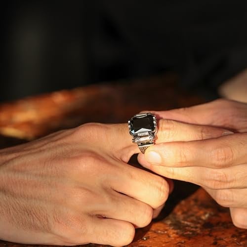 Babylon Silver Genuine Solid 925 Sterling Silver Ring for Men, Accented with Bronze, Faceted Simulated Black Diamond Stone, Vintage Turkish Ottoman Style (Simulated Black Diamond, 13) - Image 2