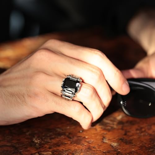 Babylon Silver Genuine Solid 925 Sterling Silver Ring for Men, Accented with Bronze, Faceted Simulated Black Diamond Stone, Vintage Turkish Ottoman Style (Simulated Black Diamond, 13) - Image 3