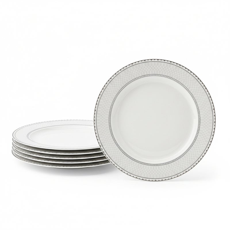 Shallow JUNA New Bone China Dinner Plate 26.7 cm -  6 piece Set  Elegant White Main Course Plate with Subtle Texture, Premium Tableware for Daily Use, Brunch, Ramadan, Eid, Diwali & Gifting (Set of 6) - Image 1