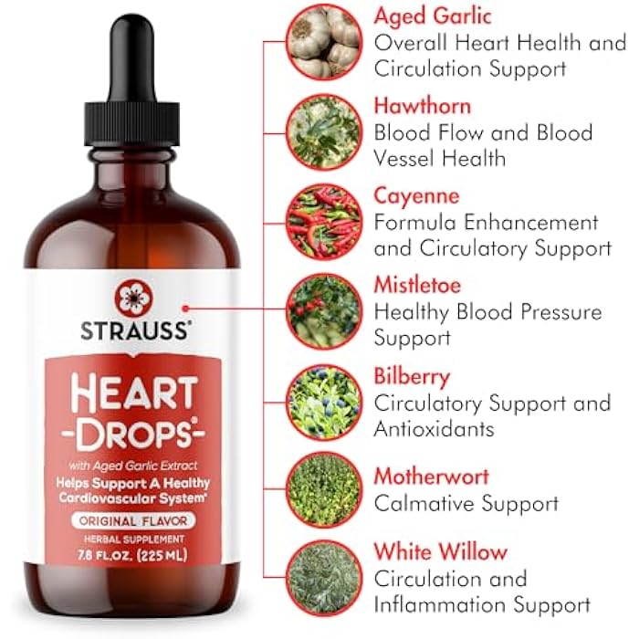 Strauss Heartdrops قطرات ستراوس ناتشورالز للقلب - مكملات صحة القلب مع مكملات الثوم ومستخلص الثوم الناضج الفاخر للمساعدة في الحفاظ على نظام قلبي وعائي صحي - نباتي وغير معدل وراثيًا - 100 مل - Image 2