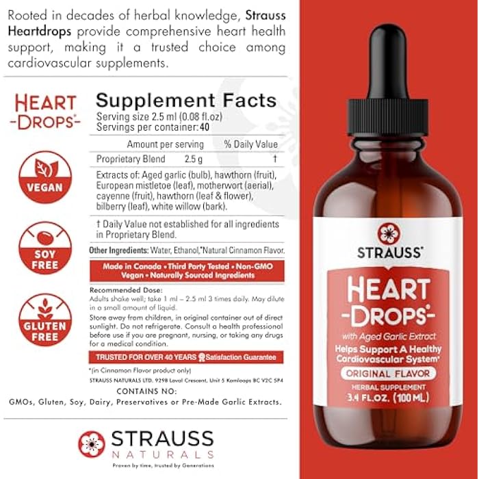 Strauss Heartdrops قطرات ستراوس ناتشورالز للقلب - مكملات صحة القلب مع مكملات الثوم ومستخلص الثوم الناضج الفاخر للمساعدة في الحفاظ على نظام قلبي وعائي صحي - نباتي وغير معدل وراثيًا - 100 مل - Image 4