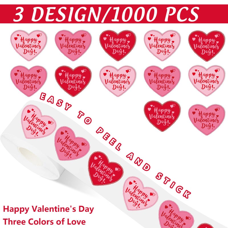 FYSUIMU 1000Pcs Happy Valentine's Day Stickers Roll Love Heart Shape Seal Stickers Red Pink Self-Adhesive Decals for Scrapbook Envelope Card Decor, 3 Colors - Image 3