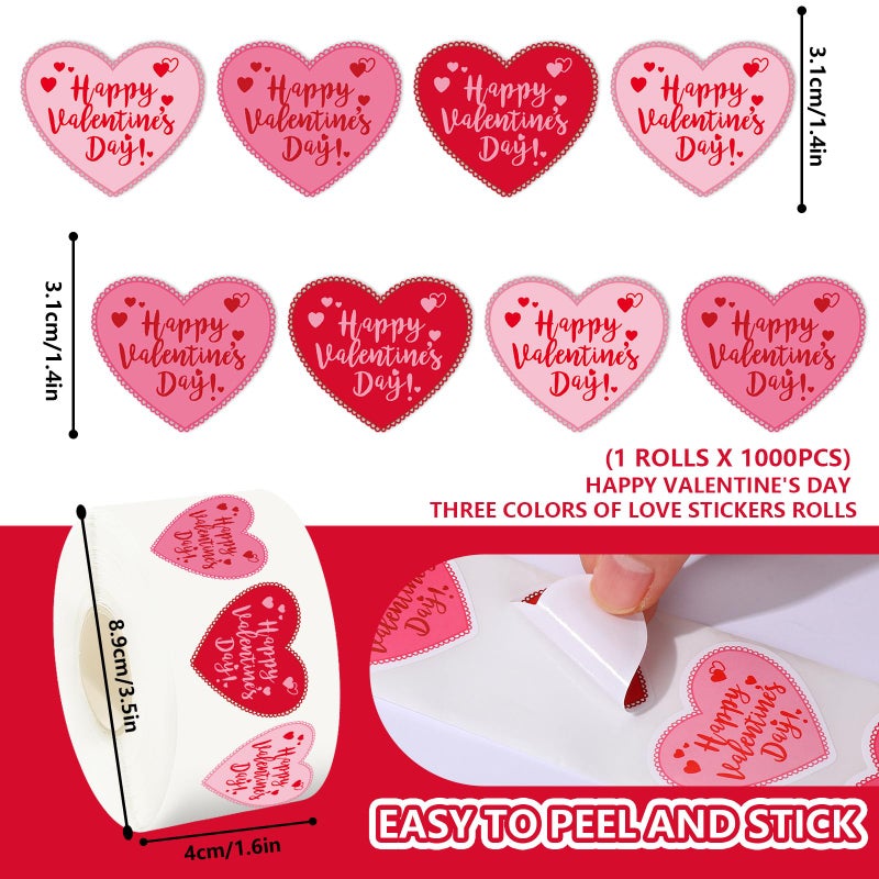 FYSUIMU 1000Pcs Happy Valentine's Day Stickers Roll Love Heart Shape Seal Stickers Red Pink Self-Adhesive Decals for Scrapbook Envelope Card Decor, 3 Colors - Image 2