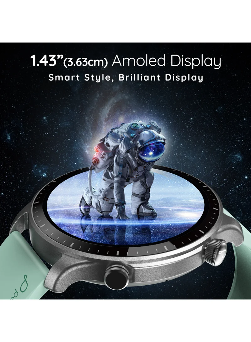 Pebble Cosmos Luxe 3, 1.43" Amoled Display Smartwatch, Round Shaped Dial, Compatible with Android & iOS, IP67 Water Resistant, Health Suite, Multiple Watch Faces, AI Voice Assistance, Sea Foam Green