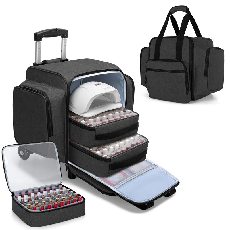 BAFASO Rolling Nail Polish Organizer Holds 144 Bottles, Nail Polish Case with a Detachable Dolly and 3 Removable Cases (Patented Design), Black - Image 1