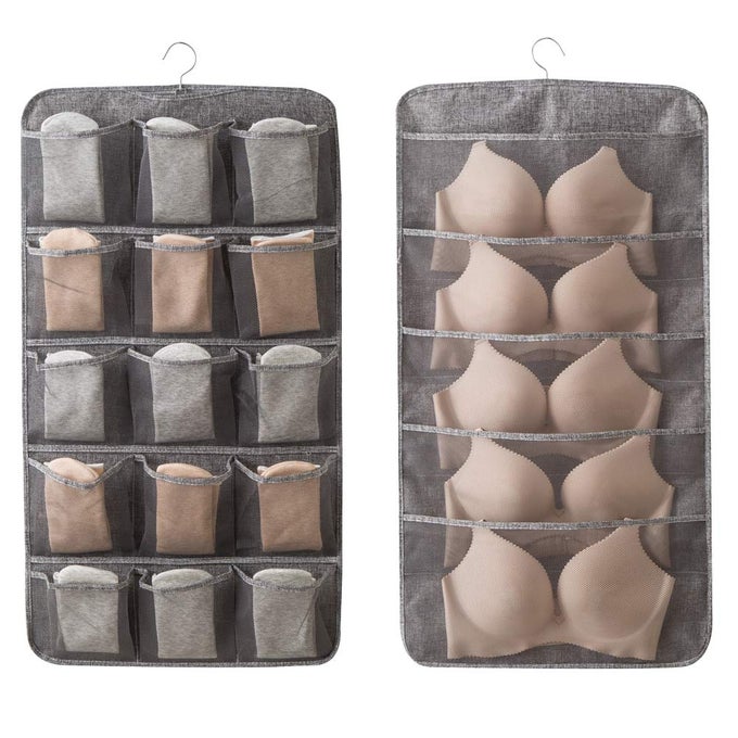 ENLARGED CLOSET HANGING BRA ORGANIZER WITH ROTATING METAL HANGER DUAL SIDED WALL SHELF WARDROBE MESH POCKETS HANGING STORAGE BAG FOR BRA SOCKS UNDERWEAR UNDERPANTS