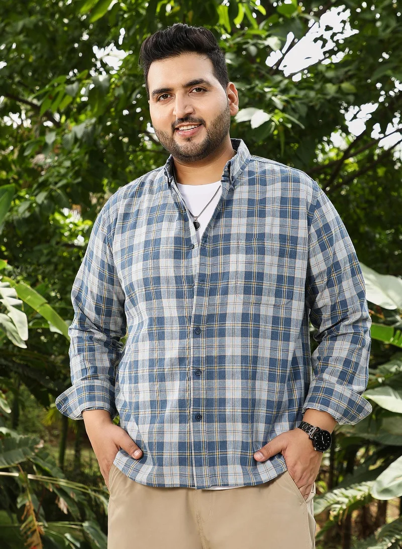 Instafab Plus Instafab Plus Men's Steel Blue Button-Down Plaid Regular Shirt | Button-Down Collar , Long Cuffed Sleeves , Button Closure , Curved Hemline | Plaid Plain Cotton-Blend For Street & Casual Wear