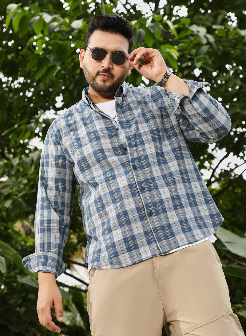 Instafab Plus Instafab Plus Men's Steel Blue Button-Down Plaid Regular Shirt | Button-Down Collar , Long Cuffed Sleeves , Button Closure , Curved Hemline | Plaid Plain Cotton-Blend For Street & Casual Wear