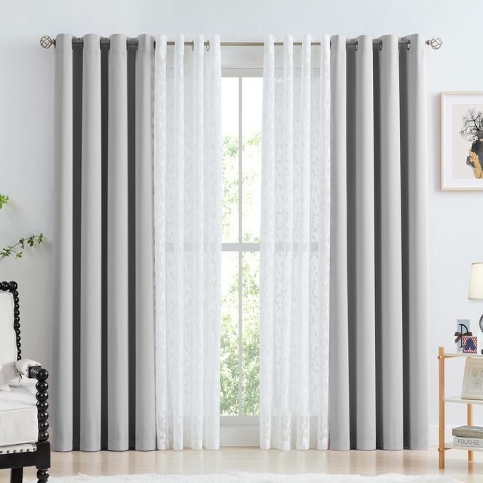 GRAY MIX MATCHED CURTAIN SET 95 LONG LEAF SHEER LACE 2 PANELS 2 BLACKOUT CURTAINS 100 PERCENT BLACKOUT WINDOW TREATMENT SET FOR BEDROOM LIVING ROOM GROMMET TOP DESIGN 52 W X 95 LGREY WHITE