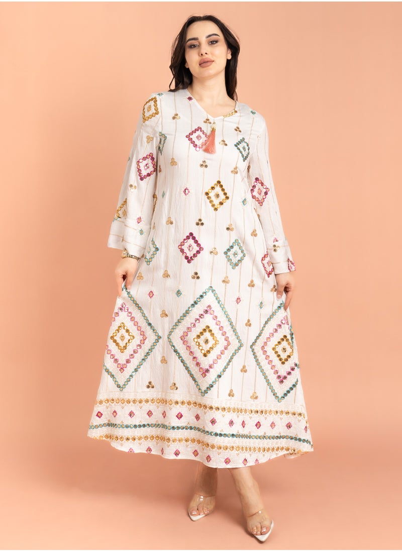 IKKXA Geometric Patterns Sparkled Jalabiya White  - Image 1