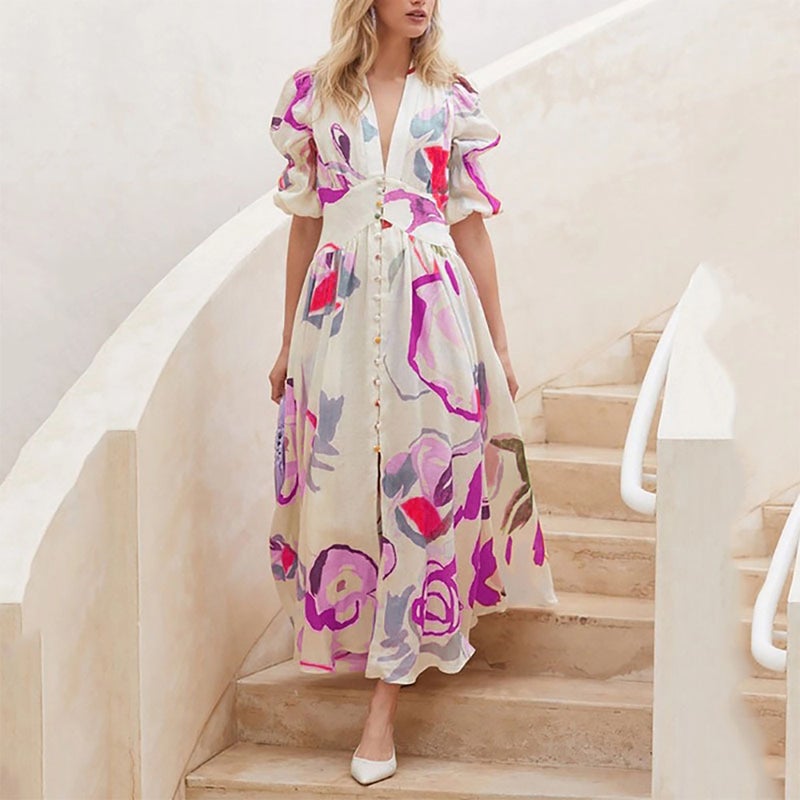 Women's Beach Dress Floral Print Long Maxi Dress Bodycon Stretchy - Image 3
