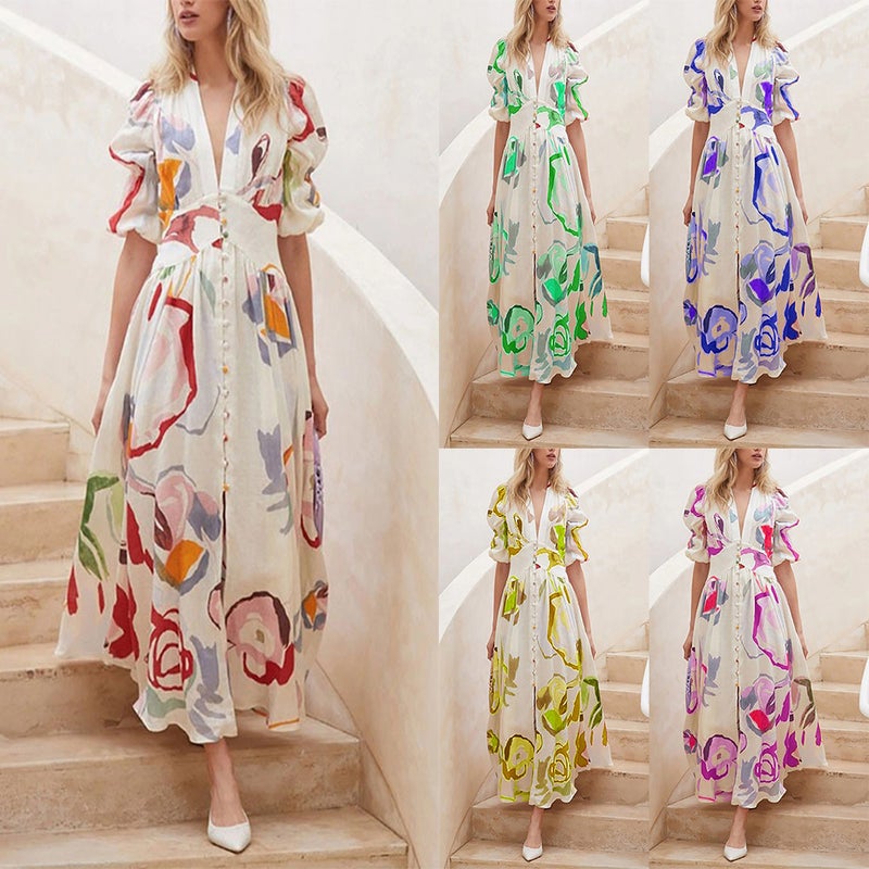 Women's Beach Dress Floral Print Long Maxi Dress Bodycon Stretchy - Image 1