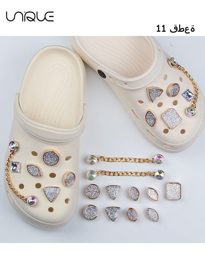 Unique 11Pcs Sparkling Shoe Ornament - With Diamond Round Shoe Flower - Oval Shoe Flower - Triangle Shoe Flower - Chain Decoration with Diamond - Gift - Image 1