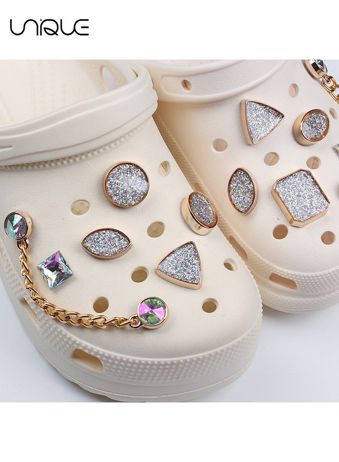 Unique 11Pcs Sparkling Shoe Ornament - With Diamond Round Shoe Flower - Oval Shoe Flower - Triangle Shoe Flower - Chain Decoration with Diamond - Gift - Image 3