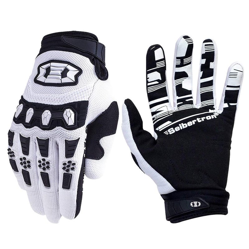 Seibertron Youth Unisex MX ATV MTB Racing Gloves - Full Finger Touchscreen Glove for Bicycle Cycling Mountain Biking Motorcycle and Motocross White L - Image 1