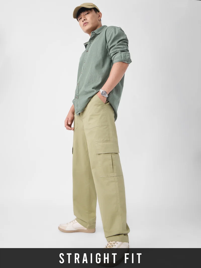The Souled Store Essential Drop: Desert Dune Men and Boys Zippered Waist Solid Cotton Twill Straight Fit Lightweight Stretchable Utility Cargo Pants