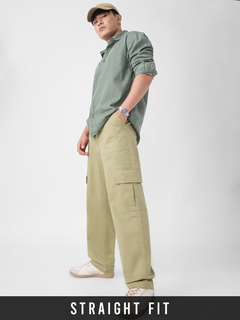 The Souled Store Essential Drop: Desert Dune Men and Boys Zippered Waist Solid Cotton Twill Straight Fit Lightweight Stretchable Utility Cargo Pants - Image 1