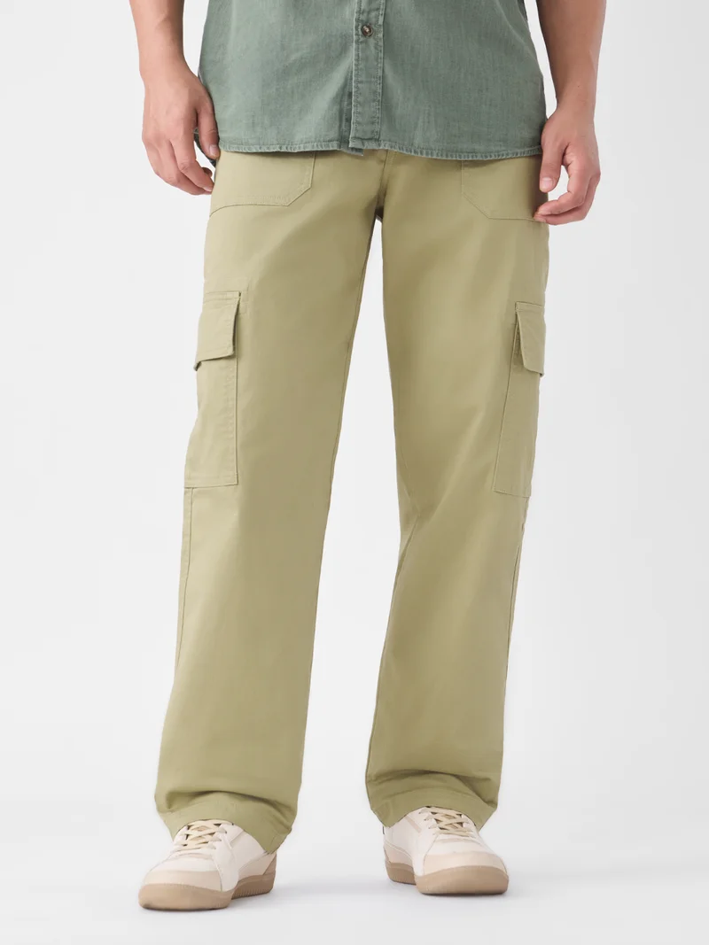 The Souled Store  Essential Drop: Desert Dune Men and Boys Zippered Waist Solid Cotton Twill Straight Fit Lightweight Stretchable Utility Cargo Pants  | Best Price UAE