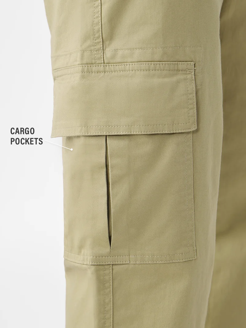 The Souled Store Essential Drop: Desert Dune Men and Boys Zippered Waist Solid Cotton Twill Straight Fit Lightweight Stretchable Utility Cargo Pants