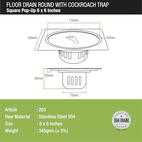 LIPKA Square Pop-up Floor Drain |304-Grade Stainless Steel |6x6 Inches| with Cockroach Trap/Jali | - Image 2