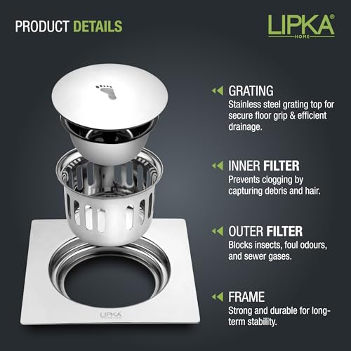 LIPKA Square Pop-up Floor Drain |304-Grade Stainless Steel |6x6 Inches| with Cockroach Trap/Jali | - Image 4