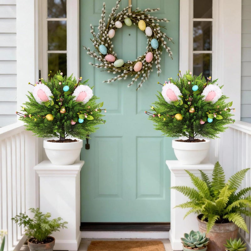 WLLEYAY 2PCS Easter Artificial Bunny Shaped Topiary Cedar Ball Trees with Ground Spike, Spring Evergreen UV Resistant Faux Cypress Rabbit Shrubs Bushes Fake Plants for Indoor Outdoor Front Porch Garden - Image 2