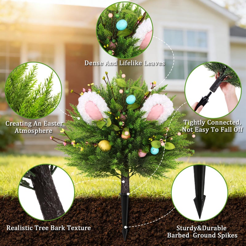 WLLEYAY 2PCS Easter Artificial Bunny Shaped Topiary Cedar Ball Trees with Ground Spike, Spring Evergreen UV Resistant Faux Cypress Rabbit Shrubs Bushes Fake Plants for Indoor Outdoor Front Porch Garden - Image 4
