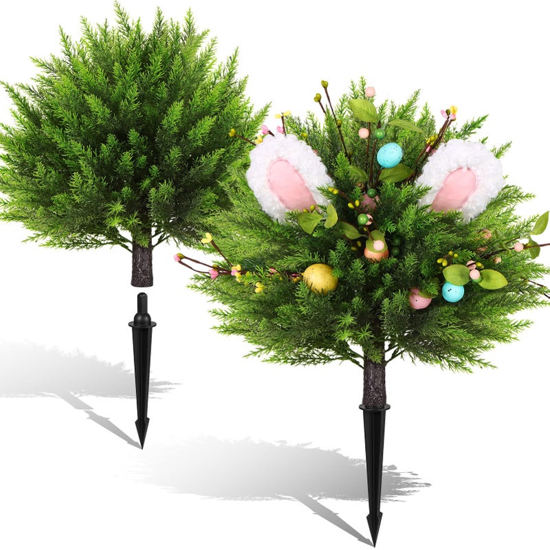 WLLEYAY 2PCS Easter Artificial Bunny Shaped Topiary Cedar Ball Trees with Ground Spike, Spring Evergreen UV Resistant Faux Cypress Rabbit Shrubs Bushes Fake Plants for Indoor Outdoor Front Porch Garden - Image 1