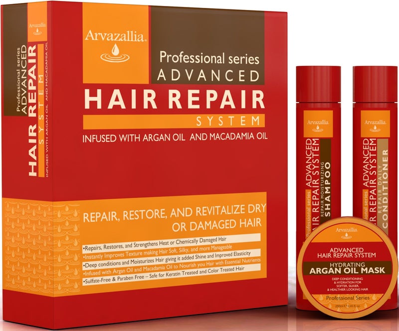 Arvazallia Advanced Hair Repair Shampoo, Conditioner and Deep Conditioner Mask System Set for Dry or Damaged Hair with Argan and Macadamia Oil by Arvazallia - Sulfate Free - Image 1