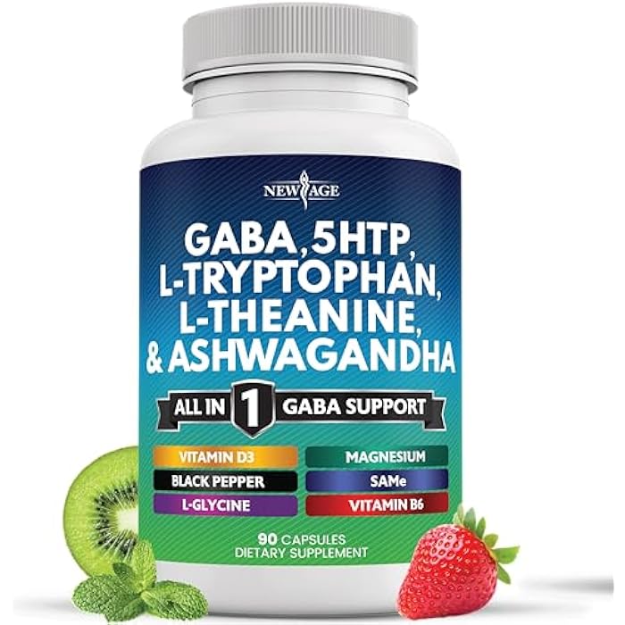 New Age جديد عمر غابا 750 ملغ 5-HTP 200 ملغ L تريبتوفان 500 ملغ L ثيانين 200 ملغ أشواغاندا SAM-e L-غليسين - فيتامينات للنساء والرجال مع 5-HTP (5-هيدروكسي تريبتوفان) - 90 حبة - Image 1