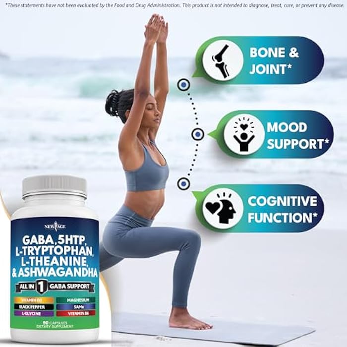 New Age جديد عمر غابا 750 ملغ 5-HTP 200 ملغ L تريبتوفان 500 ملغ L ثيانين 200 ملغ أشواغاندا SAM-e L-غليسين - فيتامينات للنساء والرجال مع 5-HTP (5-هيدروكسي تريبتوفان) - 90 حبة - Image 5