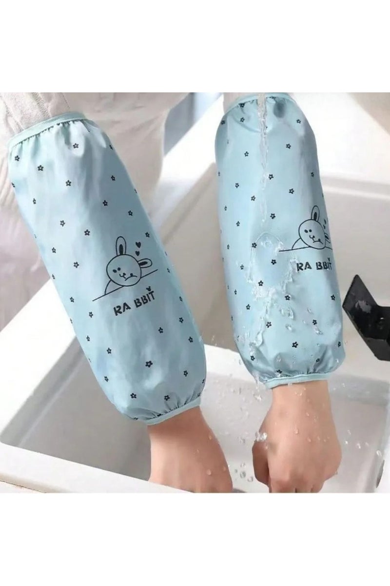 Waterproof Protective Arm Sleeves – Pair of Blue Sleeves with Cute Bunny Design for Protection During Washing and Cleaning