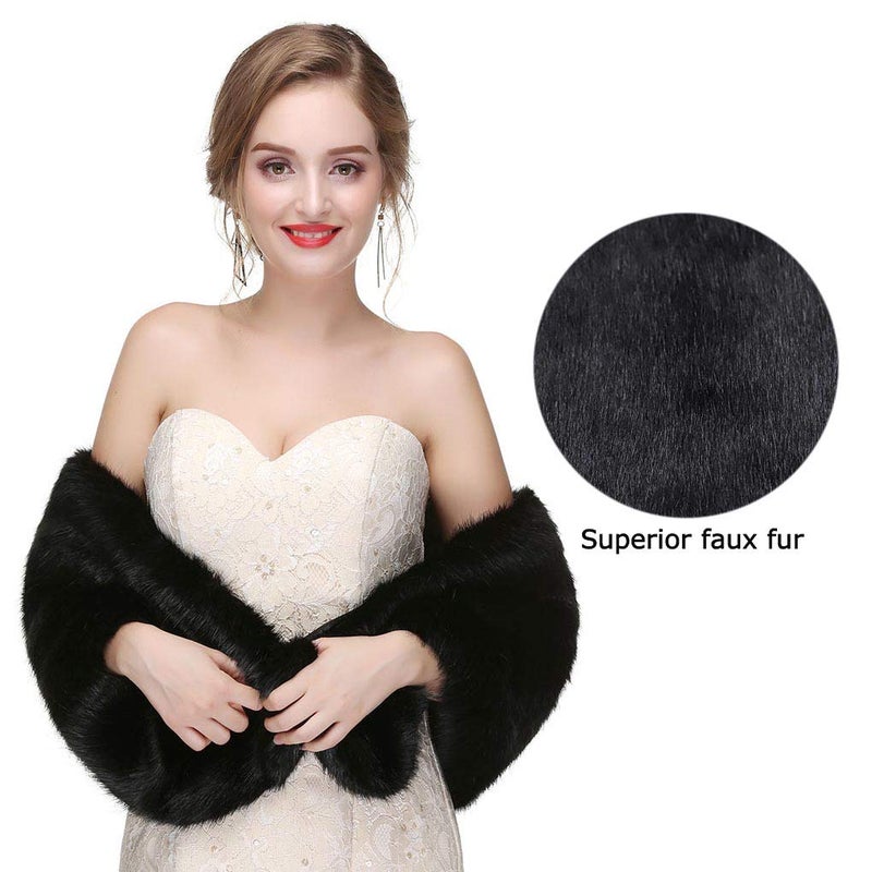 Olbye Yfe Women's Faux Fur Shawls Wraps Wedding Fur Stole Shrug Cape For Women 1920 Faux Fur Scarf Capelet (Black) - Image 3