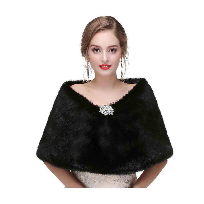 Olbye Yfe Women's Faux Fur Shawls Wraps Wedding Fur Stole Shrug Cape For Women 1920 Faux Fur Scarf Capelet (Black) - Image 1