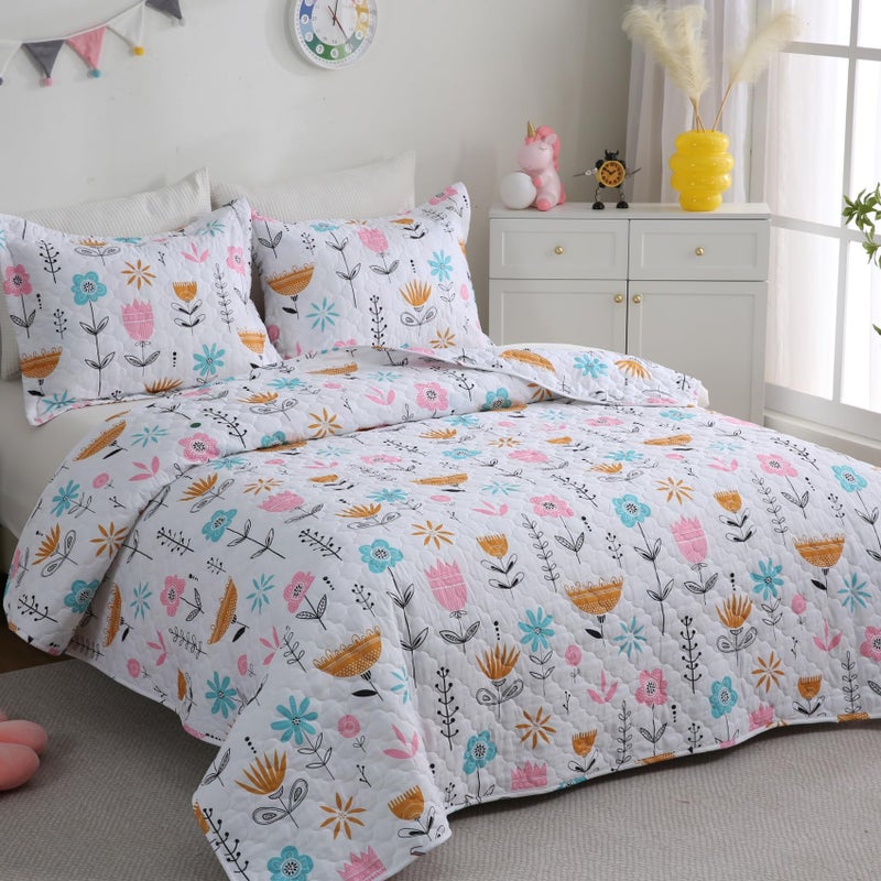 CIMVI Girls Pink Floral Quilt Set Twin Size Kids Bedding Sets Lightweight Summer Bedspread Soft Microfiber Breathable Bed Comforter All-Season - Image 1