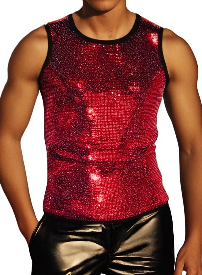 ZEROYAA Men's 70s Sequin Tank Top Shiny Disco Metallic Sleeveless Shirt, Red, L - Image 1