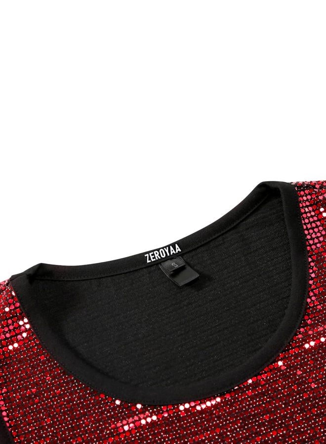 ZEROYAA Men's 70s Sequin Tank Top Shiny Disco Metallic Sleeveless Shirt, Red, L - Image 3