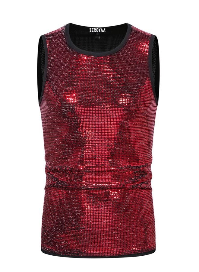 ZEROYAA Men's 70s Sequin Tank Top Shiny Disco Metallic Sleeveless Shirt, Red, L - Image 2