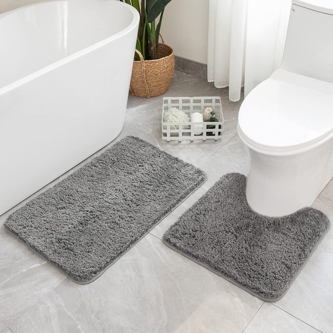 MICROFIBER BATHROOM RUGS AND MATS SETS 2 PIECES EXTRA THICK NON SLIP BATH MAT AND USHAPED CONTOUR TOILET RUG FOR BATH ROOM FLOOR RESTROOM 20X3020X20 GREY