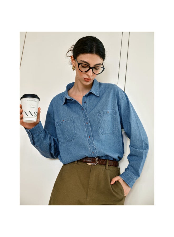 Olrain Eurielle French Casual Long Sleeve Denim Shirt Women Autumn New Versatile Shirt Denim Blue XL - Image 1