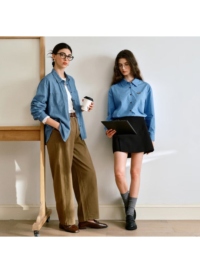 Olrain Eurielle French Casual Long Sleeve Denim Shirt Women Autumn New Versatile Shirt Denim Blue XL - Image 2