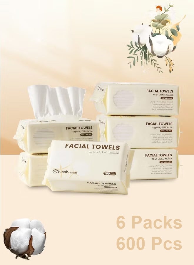 hibobi Disposable Cotton Face Towels 6 Pack 600 Pcs Soft Dry and Wet Wipes for Sensitive Skin Women Baby Makeup Remover Personal Care Daily Use Portable Facial Cleaning - Image 1