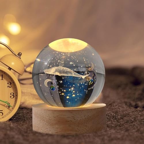 TEKCOOL Whale 3D Crystal Ball Night Light with Wooden Base - LED USB Table Lamp for Kids, Teens, and Home Decor - Image 3