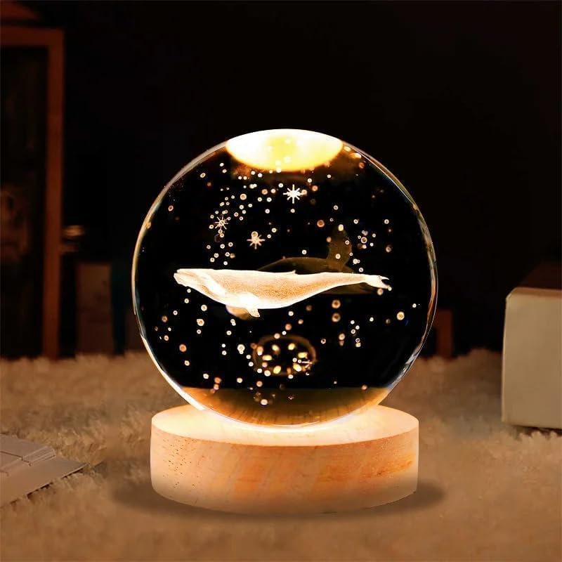 TEKCOOL Whale 3D Crystal Ball Night Light with Wooden Base - LED USB Table Lamp for Kids, Teens, and Home Decor - Image 2