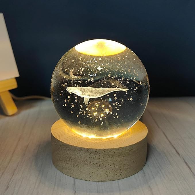 TEKCOOL Whale 3D Crystal Ball Night Light with Wooden Base - LED USB Table Lamp for Kids, Teens, and Home Decor - Image 4