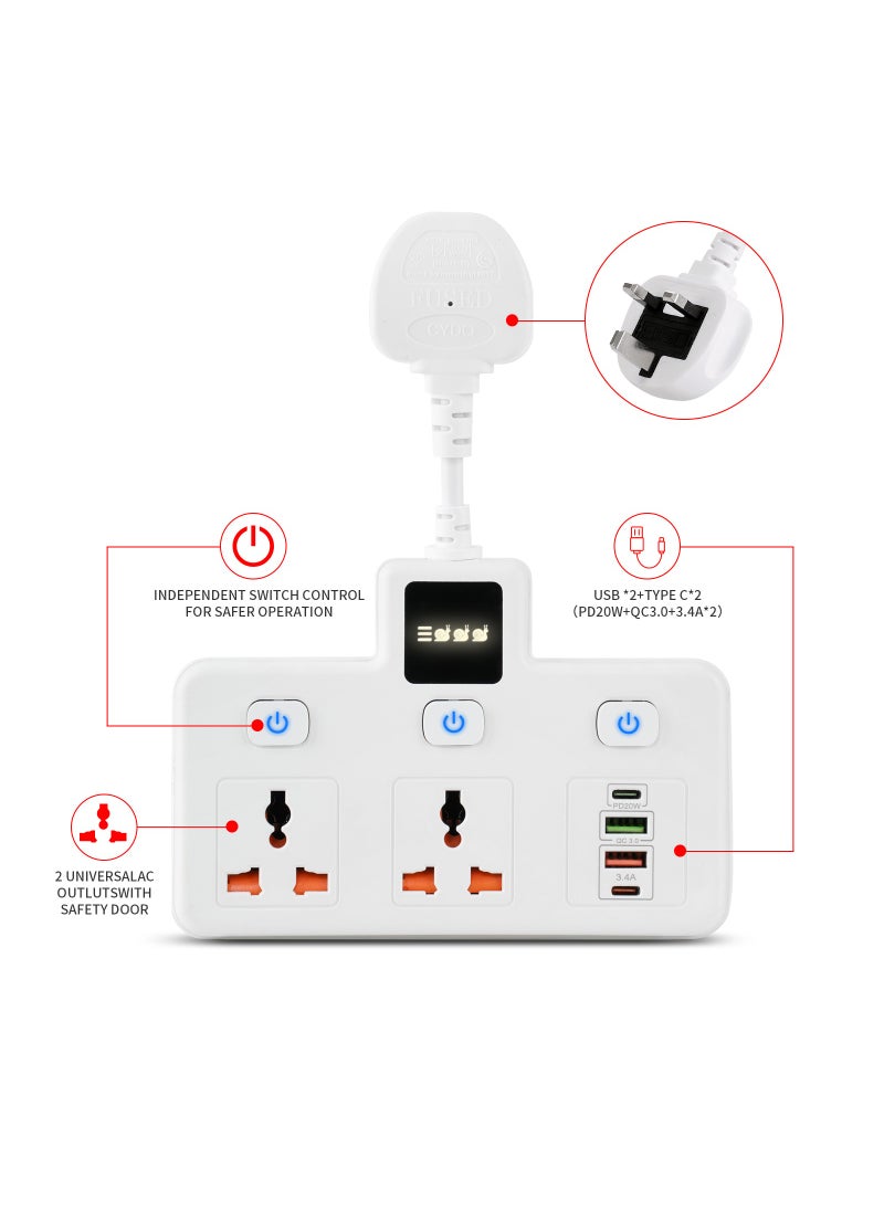 Generic - Power Socket Power Strip with TYPE-C PD 20W + USB QC 3.0 Fast Charging Power Extension 4 Ports, Universal / 2-Way Power Strip / 2m Extension Cable White - Image 1