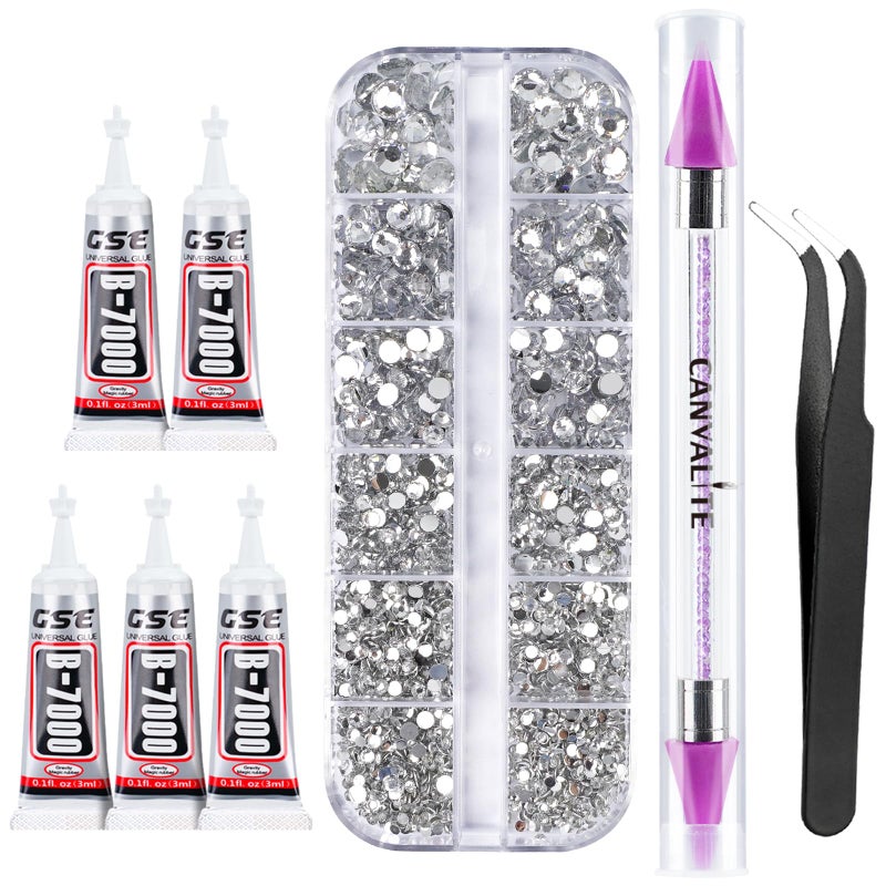 Canvalite 1500PCS Rhinestones Flat Back Gems, Nail Rhinestones Nail Art Gems with Pick Up Tweezers and Rhinestone Picker Dotting Pen, Nail Art Tools for Nails, Clothes, Face, Craft - Image 1