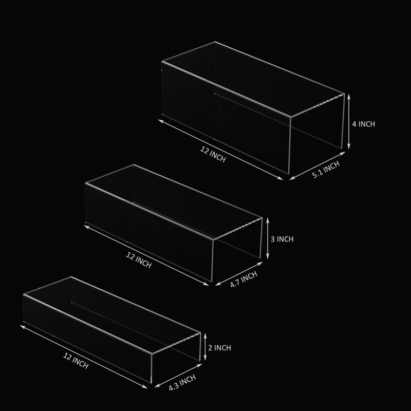 Sezanrpt Clear Riser Display Shelf 3pcs, Desktop Rectangular Acrylic Display Shelves Storage Organizer, Acrylic Stands for Funko Pop Figure, Bags, Shoes, Spice Jars, Skincare, Cosmetics - 12-2'', 3'', - Image 2